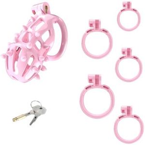SeLgurFos Pink Chastity Cage Set With 4 Cock Ring and CBT Spikes Lightweight Nylon Resin Sissy Chastity Device Sex Toy Adult BDSM Bondage Penis Lock (Pink-C5P-Flat)