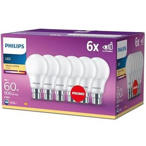 Philips LED 60W A60 B22, mat glas, 6-pack