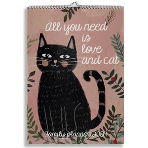 Family Planner Love and Cat 2024 Wandkalender met 5 kolommen, familieorganisatie