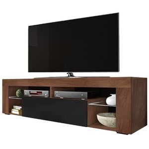 Selsey Hugo TV-kast, tv-tafel, planken van glas, 140 cm, kleur walnoot, zwart glanzend