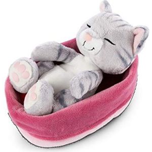 NICI Zachte kat in roze-paars mandje 16 cm - Sleeping Kitties knuffeldieren voor Meisjes, Jongens & Baby's - Pluche knuffeldier katten om mee te spelen, knuffelen & slapen