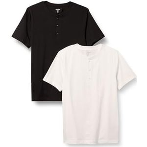 Amazon Essentials Heren Slim-Fit Shirt met korte mouwen, Henley, 2 stuks, zwart/wit, maat L