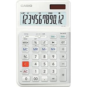 Casio Ergonomische bureaurekenmachine JE-12E-WE, 12-cijferig, toetsenbord in trapdesign, verticale toetsaanslagen, belastingberekening, valutaomrekening, tekenwisseling, werking op zonne-energie,
