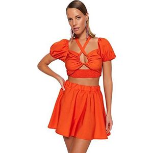 Trendyol Vrouwen Vrouw Bloemen Geweven Tweedelige Set Shirt, Oranje, 36
