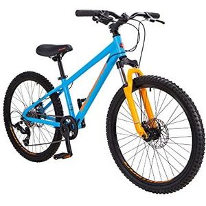 Schwinn Fleet Mountainbike voor jongens, 24-inch banden, 12-inch frame van lichtmetaallegering, vorkvering, 9 versnellingen, schijfremmen, oranje/blauw