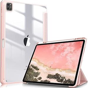 Case voor iPad Pro 12.9 Case 5e/4e/3e generatie 2021/2020/2018, transparante schokbestendige achterkant ingebouwde potloodhouder, automatische slaap/wakker, voor 12,9 inch Pro iPad-roze
