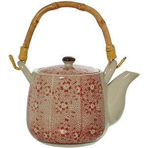 Keramische theepot 350 ml met roestvrijstalen zeef met bamboe handvat in wit en rood 17 x 10,5 x 10,5/18 cm