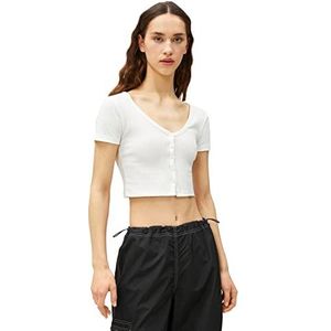 Koton Dames crop korte mouw V-hals knoop detail T-shirt, Ecru (002), XL