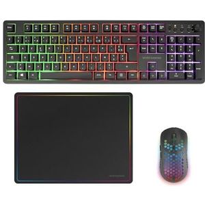 Mars Gaming MCPWX, Draadloze Gaming-Combo, DualPro Link 2.4GPRO-Technologie, Volledig FRGB-toetsenbord met Multimediabediening + RGB 3200DPI Muis + Antislip Muismat 360x260mm, Zwart, Frans