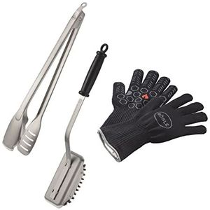 RÖSLE Premium barbecueset, 3-delige set met bbq-handschoenen, bbq-grilltang en reinigingsborstel SlideX, roestvrij staal 18/10