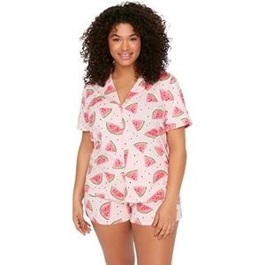 Trendyol Dames slogan gebreide shirt-korte plus grootte pyjama set, poeder, XL, Poeder, XL