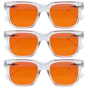 Opulize ERA slaapbril met 99,9% blauwlichtfilter Dames/Heren - Oranje Lenzen - Antireflectie & niet-verblindend - 3 Stuks - UV400 - Groot rechthoekig montuur - Nachtbril - Transparant