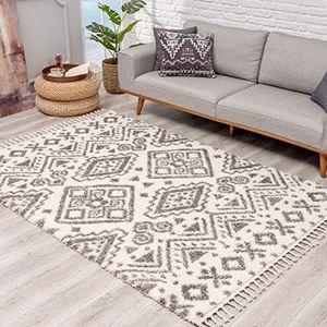 Tapijt hoogpolig woonkamer - Ethno Geo Design 120x160 cm crème grijs - tapijten met franjes