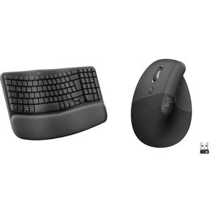 Logitech Wave Keys draadloos ergonomisch toetsenbord - Grafiet, Duitse QWERTZ indeling & Logitech Lift Left Vertical Ergonomische Muis, Draadloos, Bluetooth of Logi Bolt USB-ontvanger - Grafiet