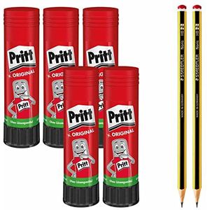 Pritt lijmstift, veilige en kindvriendelijke lijm voor knutselen, sterke lijm voor school & kantoor, voordelige set met 5x 43 g Pritt stift en 2x potloden HB