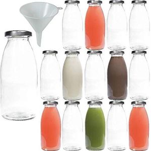 Viva Haushaltswaren - 15 x glazen fles 250 ml met zilverkleurige schroefdop, als melkfles, sapfles en smoothiefles te gebruiken (incl. trechter Ø 12 cm)