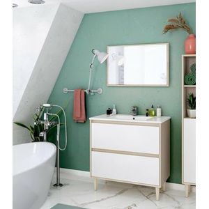 Dmora Yazoo Wastafelonderkast, badkamerkast met spiegel, wastafel niet inbegrepen, 80 x 45 x 80 cm, wit hoogglans en eiken