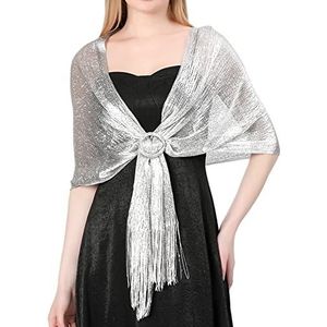 Ladiery Sprankelende sjaals en omslagdoeken voor dames, metallic sjaal voor avondfeestjurken, Zilver (met zilveren gesp), 180 * 55 CM/71 * 22 INCH