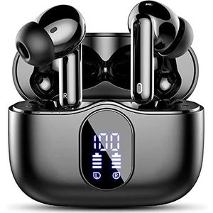 Draadloze hoofdtelefoon, Bluetooth 5.3 met HD-microfoon, hifi-stereo, led-display, ruisonderdrukking, 13 mm dynamische driver, IP7, waterdicht, 36H, zwarte hoofdtelefoon