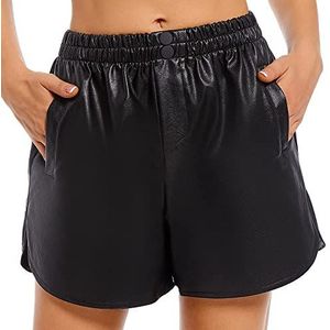 Everbellus Womens elastische taille losse lederen shorts met zakken PU faux shorts zwart groot, Zwart, L