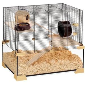 Ferplast 57056117W1 Kooi voor hamsters, muizen KARAT 60 Structuur op twee verdiepingen, glas en zwart gelakt metaal, 59,5 x 39 h 52,5 cm, S