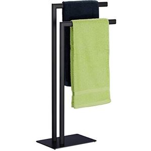 Relaxdays handdoekenrek staand, 2 stangen, badkamer, staal, HxBxD: 81x49x20 cm, zonder boren, handdoekhouder, zwart