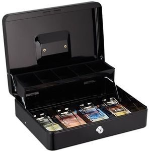 Relaxdays geldkistje met slot en 2 sleutels, vakken voor briefjes & munten, ijzer, 8,5 x 30,5 x 24,5 cm, zwart