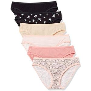 Amazon Essentials Women's Katoenen onderbroek in bikinimodel (verkrijgbaar in grote maten), Pack of 6, Bloemig/Deftig bloemenpatroon/Mini-streep/Veelkleurig, M