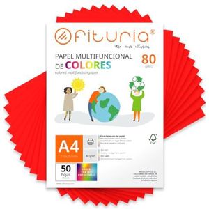 Kleurpapier, verpakking met 50 vellen A4, 80 g, kleurrijk papier voor knutselwerk, printer, scrapbooking, ideaal voor Origami, Papyroflexia, kantoor en school (rood, 50 h)