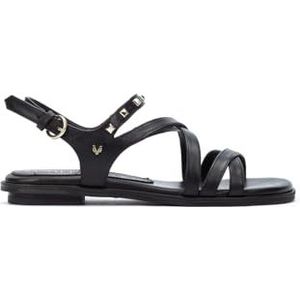 MAZZINI Platte leren sandalen voor dames, Zwart, 36 EU