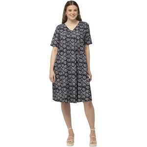 Ulla Popken, Dames, grote maten, midi-jurk, bedrukt, met knoop aan de hals, zwart, 42/44 NL