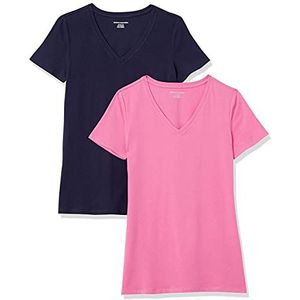 Amazon Essentials Women's T-shirt met korte mouwen en V-hals in klassieke pasvorm, Pack of 2, Marineblauw/Roze, XS