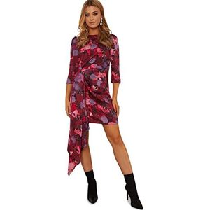 Chi Chi London Vrouwen Drape Detail Bloemen Midi Jurk In Berry Cocktail, 10, Bessen, 36