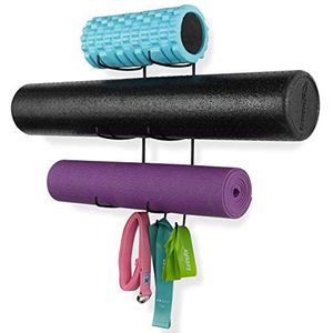 Wallniture Guru Muurrek voor yogamatjes, weerstandsbanden en foamroller, voor thuis, met 3 haken, metaal, 3 secties, zwart