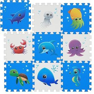 Relaxdays puzzelmat, met zeedieren, 9-delige speelmat voor baby's & kinderen, BxD: 86 x 86 cm, schuimrubber, blauw/wit