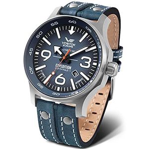 Vostok Europe YN55 Expedition Noordpool 1 herenhorloge met meerdere klinknagels, lederen band automatische datum, blauw/blauw., Riem