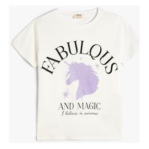 Koton T-shirt met ronde hals en korte mouwen en eenhoornprint, ecru(010), 11-12 Jaar