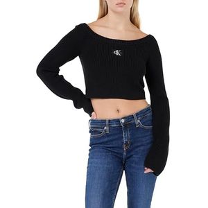 Calvin Klein Jeans Vrouwen geweven label off shoulder trui truien, zwart., S