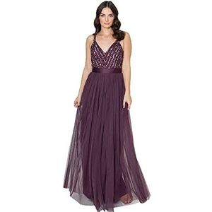 Maya Deluxe Maxi-jurk voor dames, lange lengte, bruiloftsgast, bruidsmeisje, gala, zomer, avondjurk, V-hals, bandjes, vlinderdas, Bessen, 38