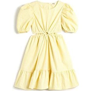 Koton Girls's Cut Out Detail Puff Sleeve Ronde kraag Ruffle Jurk, Yellow Stripe (1s6), 5-6 jaar