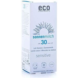 eco cosmetics eco zonnemelk 30+ sensitive, waterbestendig, veganistisch, zonder microplastic, natuurlijke cosmetica voor gezicht en lichaam, 1 x 75 ml