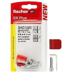 Fischer 10 haken voor het ophangen van afbeeldingen zilver met pluggen van 4 mm en bevestigingsclips, schone montage aan de muur voor zware fotolijsten, 567556