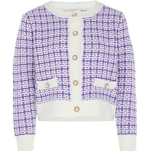 Aleva Dames Franse trui cardigan met ronde hals en ruitpatroon wolwit lila maat XL/XXL, wolwit sering, XL