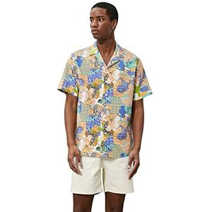 Koton Herenshirt met korte mouwen en lapelhals, etnisch bedrukt katoenen shirt, Oranje Design (2d0), XL