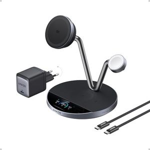 Anker Prime MagSafe-compatibele 3-in-1 oplader, Qi2 25 W gecertificeerd draadloos laadstation met Smart Display en TEC-actieve koeling, voor iPhone 17, Apple Watch, AirPods en meer