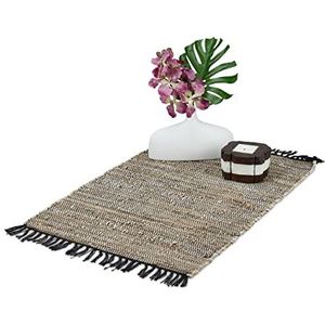 Relaxdays vloerkleed - leder en katoen - 60 x 110 cm - tapijt - franjes - diverse kleuren - grijs