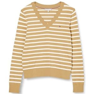 Tommy Hilfiger Dames trui jersey V-hals, Klassiek Khaki/Ecru Stp, XS