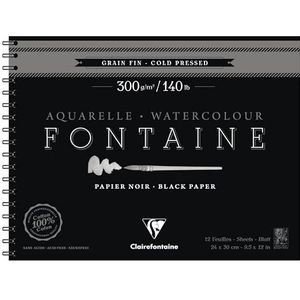 Clairefontaine - Ref 975311C - Fontaine koudgeperst zwart aquarel draadgebonden pad (12 vellen) - 24 x 30 cm formaat, 300 g/m² papier - Geschikt voor aquarel kunstwerken