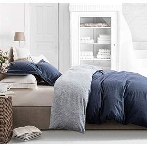 SLEEPBELLA Dekbedovertrek Queen Size, draaddichtheid 600 katoen marineblauw en grijs bedrukt met luxe blauwe bladeren patroon, omkeerbare botanische dekbedovertreksets, beddengoedset 3-delig (Queen,
