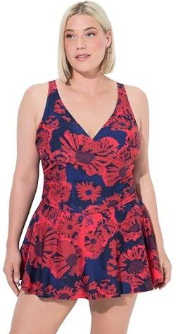 Ulla Popken - Robe de Bain - Marine - Grote Maat - Met Short - Fleurs Rouges
